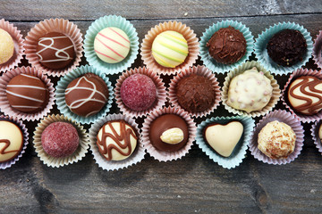 a lot of variety chocolate pralines, belgian confectionery gourmet chocolate.