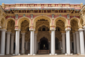 Decorative archways at the entrance to the 17th century Nayak Palace in Madurai, India. In the...