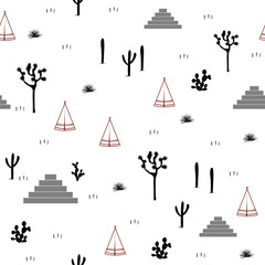 Pyramids, indian tents, saguaro, agaves, and opuntia cactuses on white background