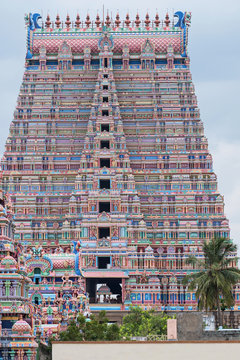 The Rajagopuram, or main gateway, to the Sri Ranganatha Swamy temple at Trichy. Completed in 1987, it has 13 tiers and is 73 metres high, but is relatively plain compared with others in the complex