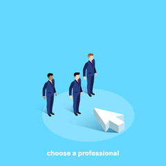 white arrow points to a man in a business suit, an isometric image