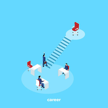 a man in a business suit climbs the corporate ladder, an isometric image