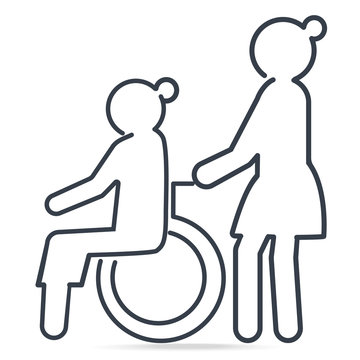 Nurse pushing wheelchair of woman patient or elderly woman icon