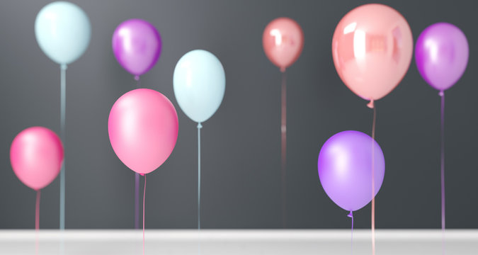 Flying Colorful Baloons In Room Closeup. 3D Rendering