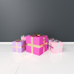 Bunch Of Gift Boxes On White Reflection Floor. 3D Rendering
