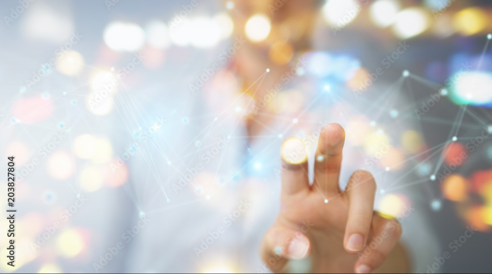 Poster Businesswoman using futuristic connection interface 3D rendering