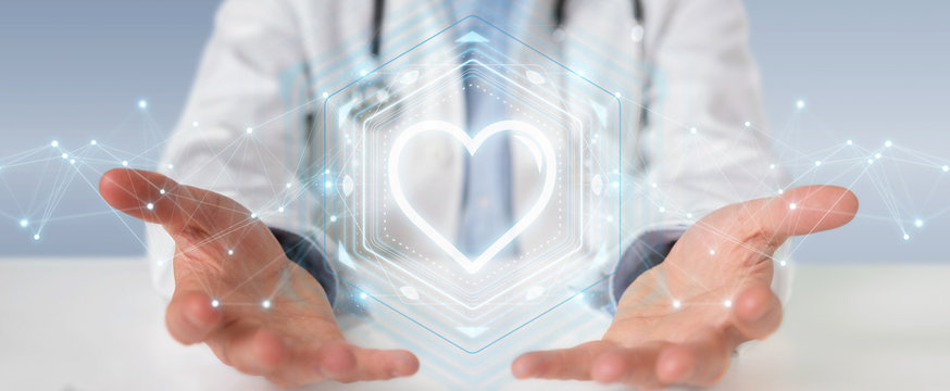 Doctor holding heartbeat digital interface 3D rendering