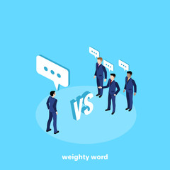 a man in a business suit arguing with a group of men, an isometric image