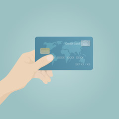 Hand holding credit card on green background.Vector illustration business concept.