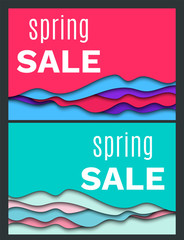 Spring sale vector template on colorful abstract background with paper cutting layers.