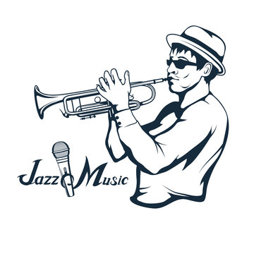 Jazz player with trumpet. Trumpet player. Lettering with a microphone. Vector graphics to design.