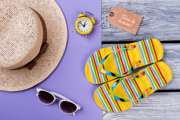 Female resort attributes. Morning and beach concept, flat lay.