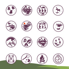 Set of linear icons. Walking and street, forest. Hiking, camping and natural tourism, group tourists. Base camp and accessories. Vector collection of fine lines