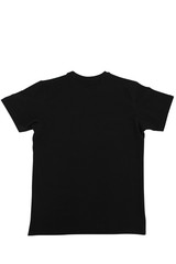 zero-collar black t-shirt behind white background