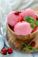Bowl with artisanal cranberry ice cream.