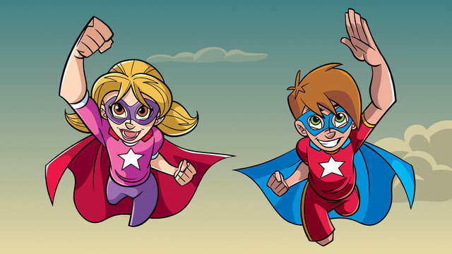 Illustration of happy super boy and super girl flying high in the sky side by side.