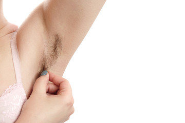 hairy armpit, isolated on white background, close-up, unshaven,  a lot of hair, female hand pulls hair from armpit