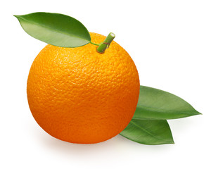 Whole fresh orange fruit and green leaves isolated on white
