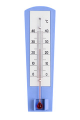 Blue, purple Celsius thermometer isolated on white background, close-up