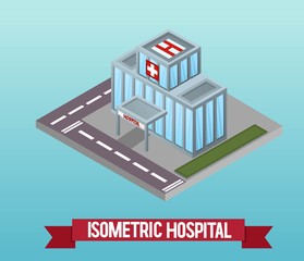 Fototapeta premium Vector low poly isometric 3d hospital. Vector isometric icon or infographic element representing a healthcare building. Detailed street with a clinic. Vector illustration