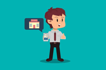 Businessman finds opportunity to invest in real estate from an application on his smartphone. Entrepreneurship concept. Flat style design.