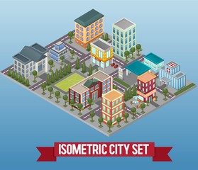 Vector isometric low poly city district with commercial public and private buildings. Big isometric set of infrastructure related items. Market, school,hospital, gas station, cafe and city hall