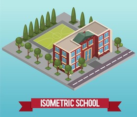Vector low poly isometric school or university. Vector isometric icon or infographic element representing a education and study related building with stadium. Detailed street with school and