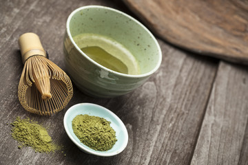 Tea set for matcha on wooden table