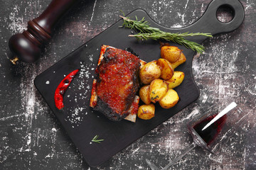 телячьи ребра гриль с картофелем,перцем и розмарином