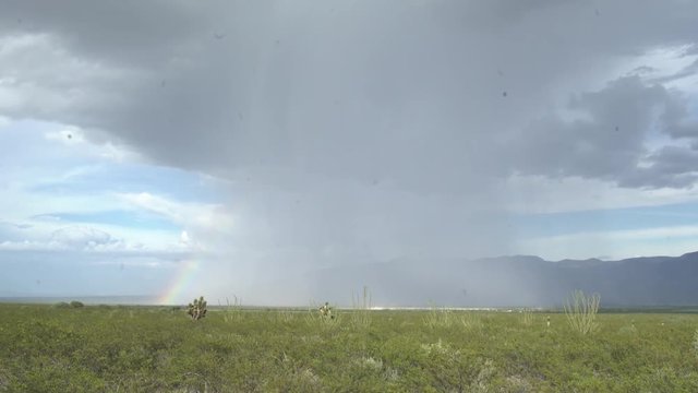 Rainbow In Potosi Desert With Rain Clouds and Mountain in Background, Tilt Up to Cloud