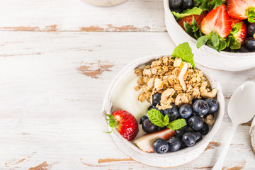 Bowl of natural yogurt with granola and fresh berries