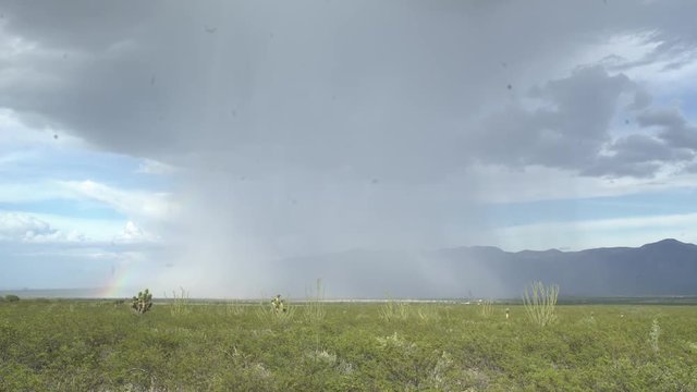 Rainbow In Potosi Desert With Rain Clouds and Mountain in Background, Tilt Up to Cloud