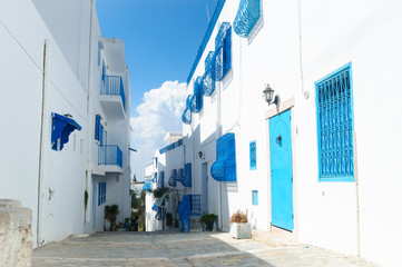 Narrow Tunis street with white houses.