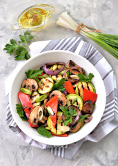 Grilled vegetables - zucchini, portobello mushrooms, red pepper, red onion, green onion, garlic, olive oil, wine vinegar, sea salt and parsley. Healthy food.