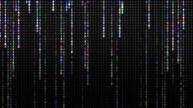 Colorful random letters falling down (code rain): a popular sci-fi movie effect; computer source code; hacking; AI takeover.

