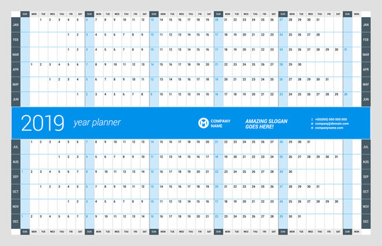 Yearly Wall Calendar Planner Template for 2019 Year. Vector Design Print Template. Week Starts Sunday