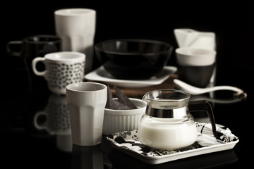 Table set with black and white dishware