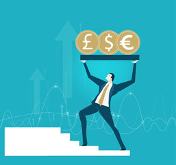 Businessman holding up the platform with currency symbols