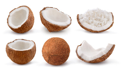 Coconuts isolated on white background. Collection. - obrazy, fototapety, plakaty