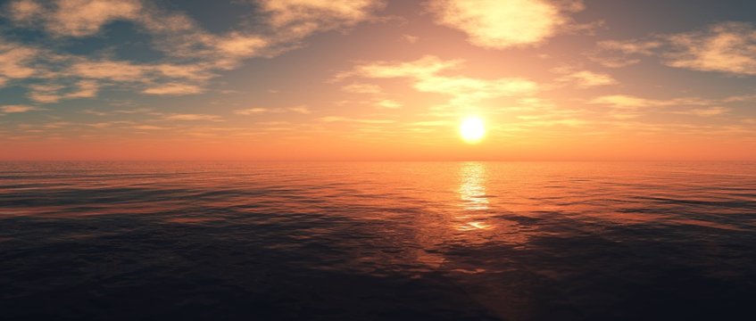 sea sunset, panorama of the sea landscape, sunrise in the ocean, light above the water
