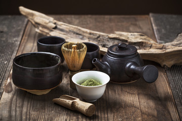 Tea set for matcha on wooden table