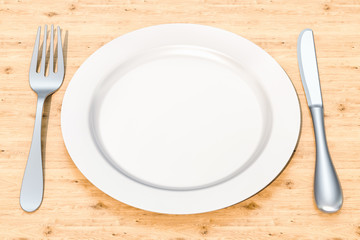 Empty plate with knife and fork on the wooden table, 3D rendering