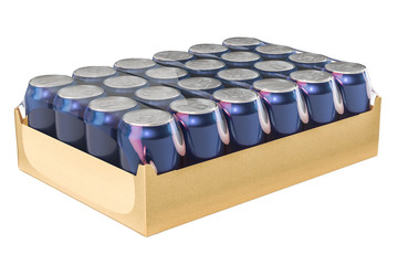 Package of metallic drink cans in shrink film, 3D rendering