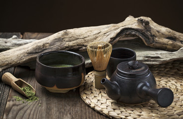 Tea set for matcha on wooden table