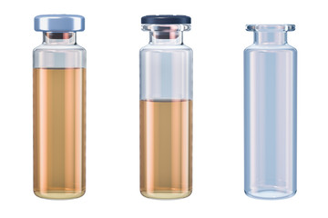 Set of vials with drug and empty, 3D rendering