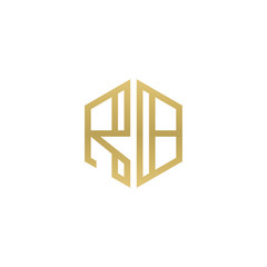 Initial letter RB, minimalist line art hexagon shape logo, gold color