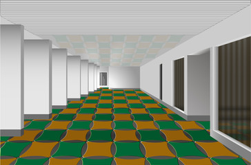Hall with white walls and colored tiles.