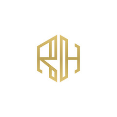 Initial letter RH, minimalist line art hexagon shape logo, gold color