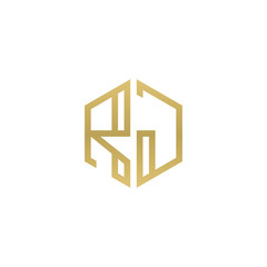 Initial letter RJ, minimalist line art hexagon shape logo, gold color