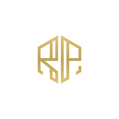 Initial letter RP, minimalist line art hexagon shape logo, gold color